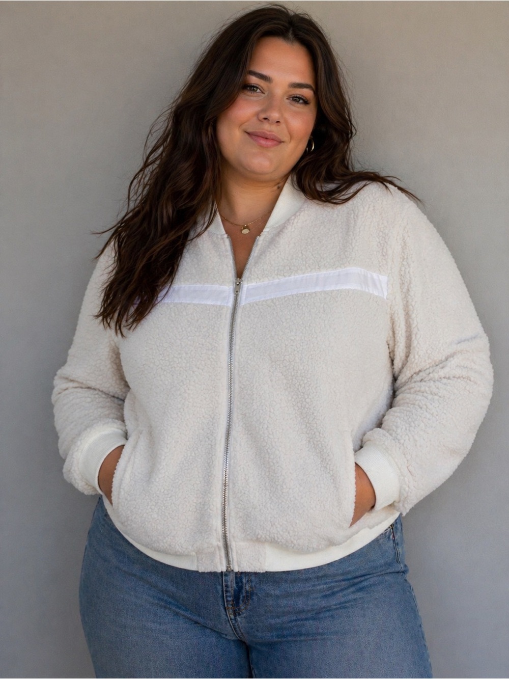 ZYIA Cream Sherpa Zip Bomber Jacket